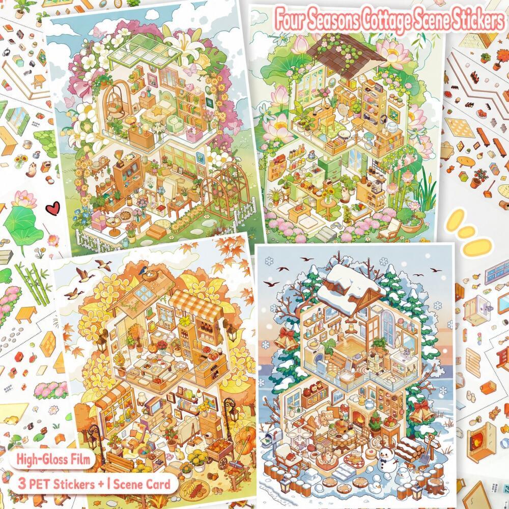 KOWEI 5 ชิ้น [ชุดกระท่อมสลัมเบอร์] สติ๊กเกอร์ภูมิทัศน์ Lotus Breeze Retreat Osmanthus บ้านหอมขนาดใหญ่สนหิมะอบอุ่น Lodge Journal Decor