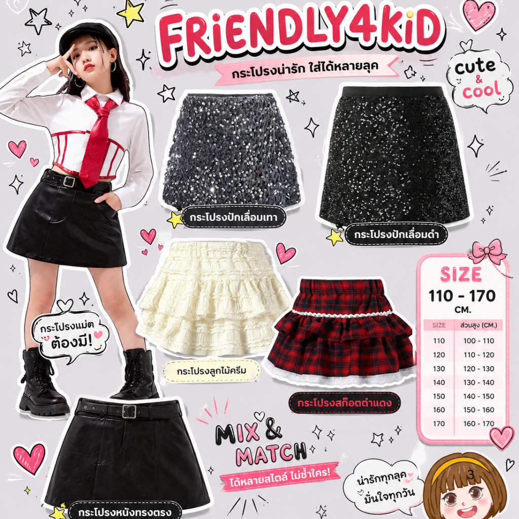พร้อมส่ง กระโปรงเด็กผู้หญิง กระโปรงหนัง ปักเลื่อม ลูกไม้ ลายสก๊อต