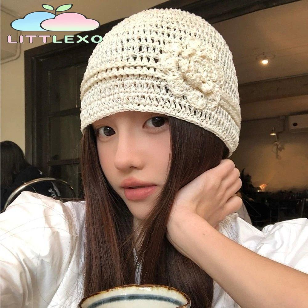 LITTLEX หมวกถักนิตติ้ง, สีทึบ Hollow Beanies หมวก, ดอกไม้ทอมือ Breathable เลื่อมโครเชต์หมวก
