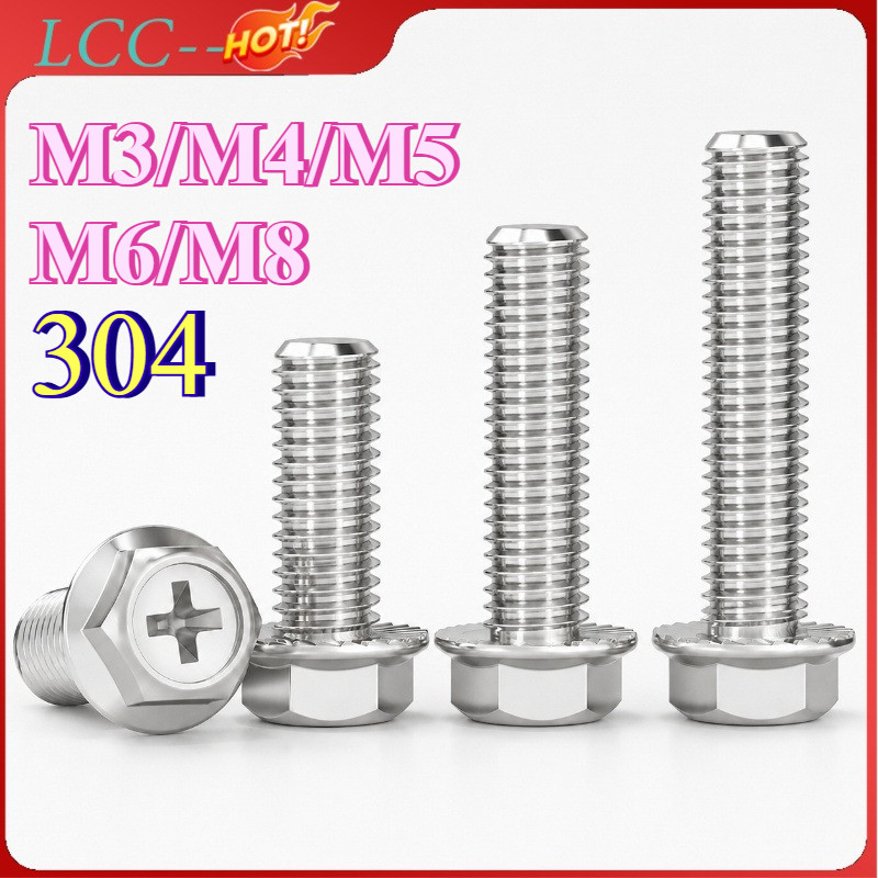 น็อต สกรู หัวหกเหลี่ยม ติดแหวน แฉก สแตนเลส 304 เกลียวมิล หยาบ/Indented Hex Washer Machine Screw M3/M4/M5/M6/M8 LCC-TH-1