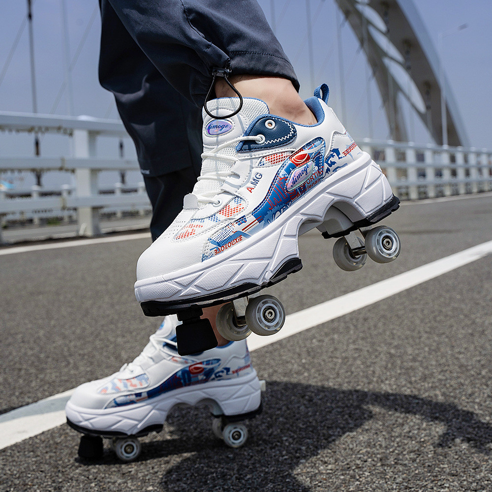 Pulley Deformation Shoes Children Youth Runaway Shoes Wheel Skates Four-Wheel Double-Row Wheel Shoes