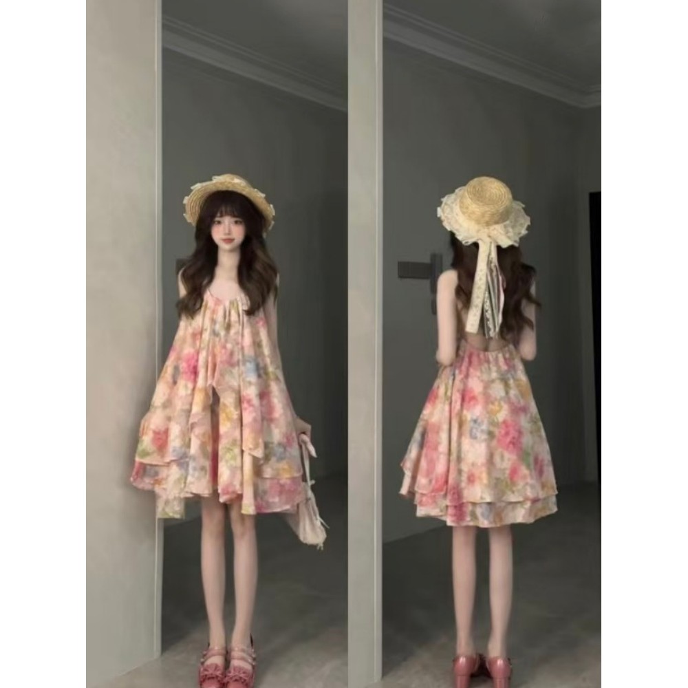 [ผ้าต้นฉบับ] สีชมพูดอกไม้เชือกแขวนคอเชือกแขวนคอชุดหญิงฤดูร้อนริมทะเลวันหยุดอารมณ์ที่สวยงามกระโปรงสั้น