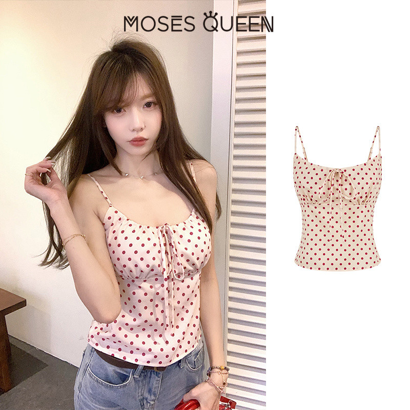 MOSESQUEEN มอสเนสควีน เสื้อคล้องคอลาย จุด สําหรับผู้หญิงเสื้อนอกฤดูร้อนสายผูกโบว์สไตล์สาวเซ็กซี่และตัวหนาเสื้อแขนกุดเข้ารูป #63882