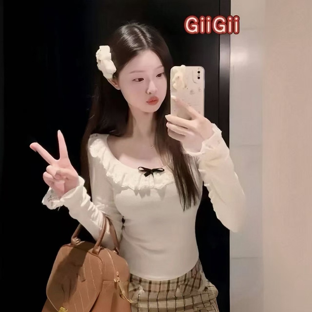 พร้อมส่ง เสื้อแขนยาวผู้หญิง เสื้อยืดเข้ารูป การออกแบบผ้าลูกไม้ปะติด สไตล์หวานน่ารัก ระบาย GiiGii