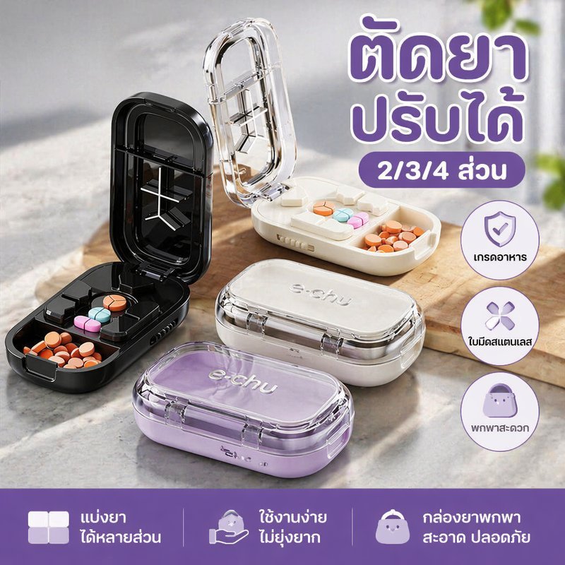 ที่ตัดยา ปรับแบ่งเม็ดยา 2 3 4 ส่วน ใบมีดสแตนเลส เกรดอาหาร กล่องพกพา ABS PC