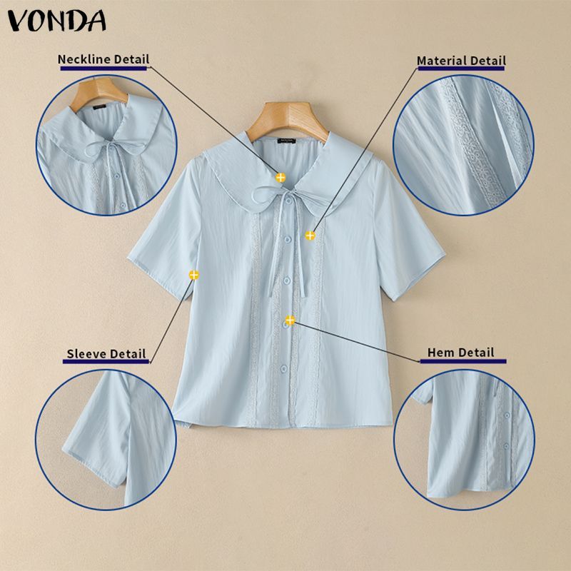 VONDA ผู้หญิงเกาหลี Girly สไตล์ขนาดใหญ่ Lapel Bowtie ลูกไม้แผงทอทอทอปุ่มปกติไหล่ตัดเสื้อสไตล์วิทยาลัย Back-To-School ทุกวันเสื้อแขนสั้น — صورة 8