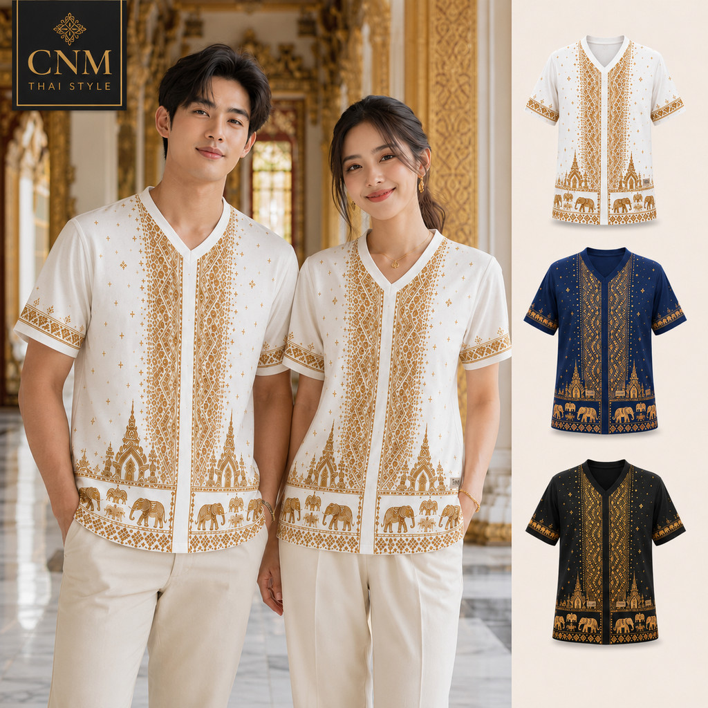เสื้อไทยประยุกต์คู่ชายหญิง CNM Thai Style คอวีแขนสั้น ลายวัดไทยช้างทอง เสื้อพื้นเมืองชาติพันธุ์ ผ้านุ่มเบา ใส่ทำบุญ