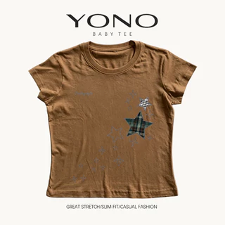 (พร้อมส่ง24ชม.) baby tee สีขาว ลายดาวผ้าตาราง ฟีล y2k มินิมอลหวานเท่ ทรงเข้ารูป ใส่ชิคทุกวัน