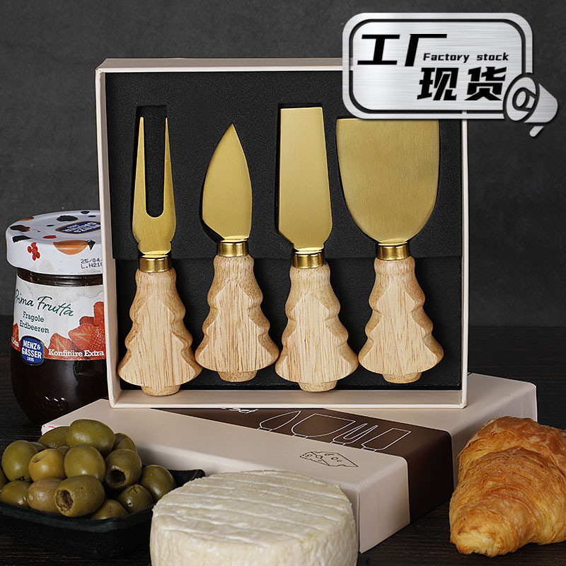 Knife Set Stainless Steel Butter Knife Cheese Knife Rubber Wood Christmas Tree Cheese Knife Set4Set