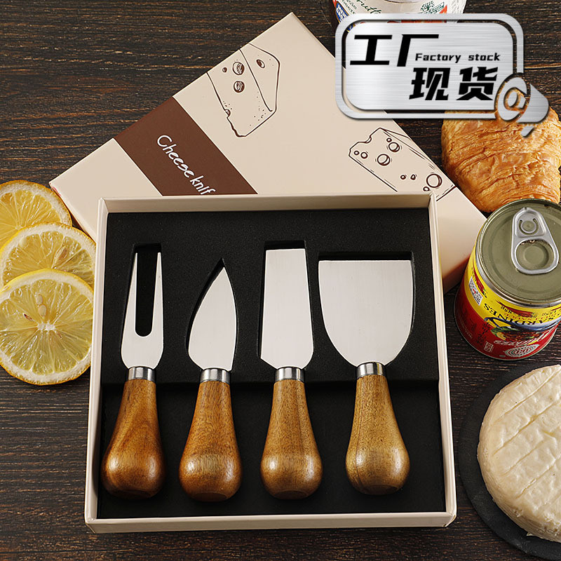 Vertical acacia wood handle cheese knife, butter knife, cheese fork, jam spreader knife4Set