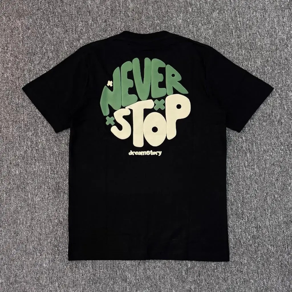 Y-T พร้อมส่ง เสื้อยืด oversize ผ้าฟอกวินเทจ ผ้าฝ้ายแท้ใส่สบาย ไม่แตกเมื่อซัก ลาย "NEVER STOP"