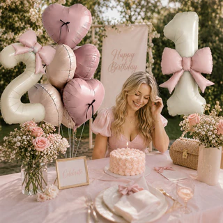 GeeParty ลูกโป่งฟอยล์ตัวเลข สีครีม พร้อมโบว์ ลูกโป่งหัวใจเรโทร 16 ชิ้น ตกแต่งวันเกิด ชุดปาร์ตี้วันเกิด ถ่ายรูปสวย