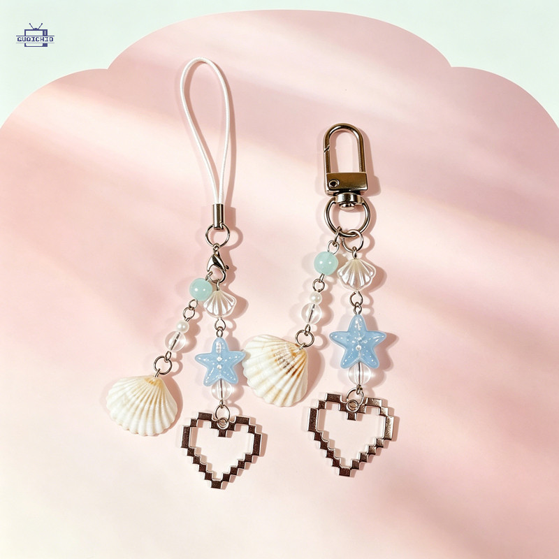[guq]สายคล้องโทรศัพท์ Pixel Heart สไตล์ทะเล เปลือกหอย ปลาดาว พวงกุญแจสไตล์วันหยุดพักผ่อน