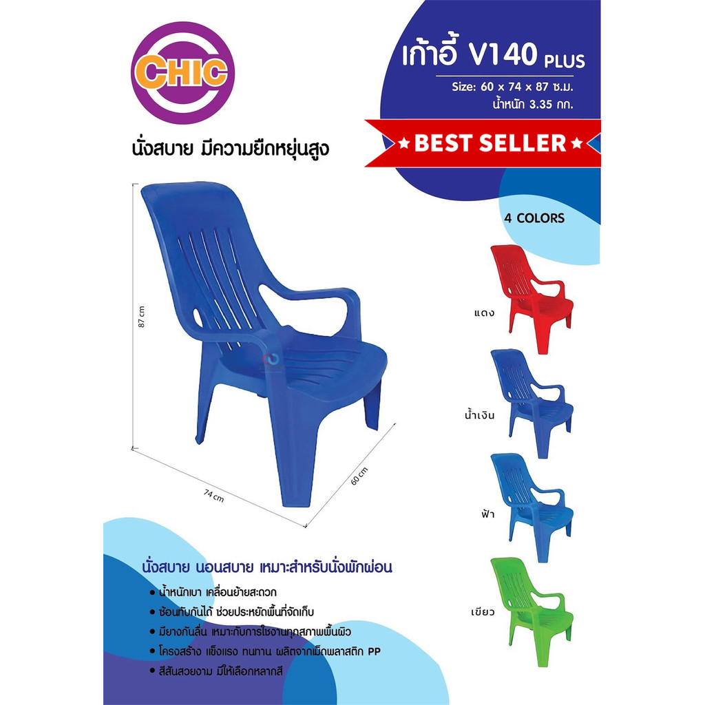 ออกใบกำกับภาษีได้ ส่งไว CHIC เก้าอี้พลาสติกมีพนักพิง รุ่น V140 PLUS เก้าอี้มีที่วางแขน มีบริการเก็บปลายทาง