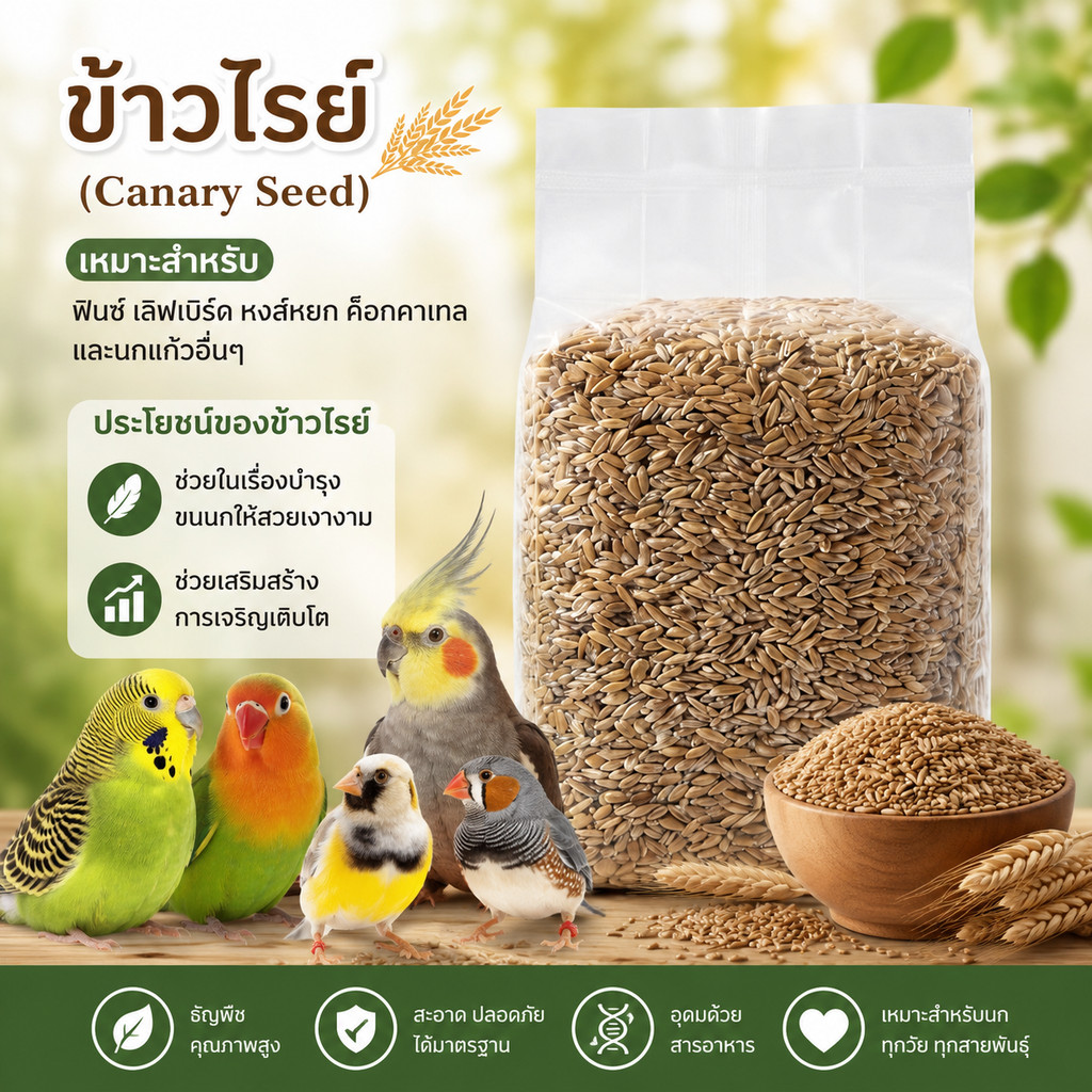 ข้าวไรย์ Canary Seed อาหารนกแก้ว และสัตว์พันแทะ ข้าวไรย์บำรุงให้ขนสวย มันเงา 1 Kg.