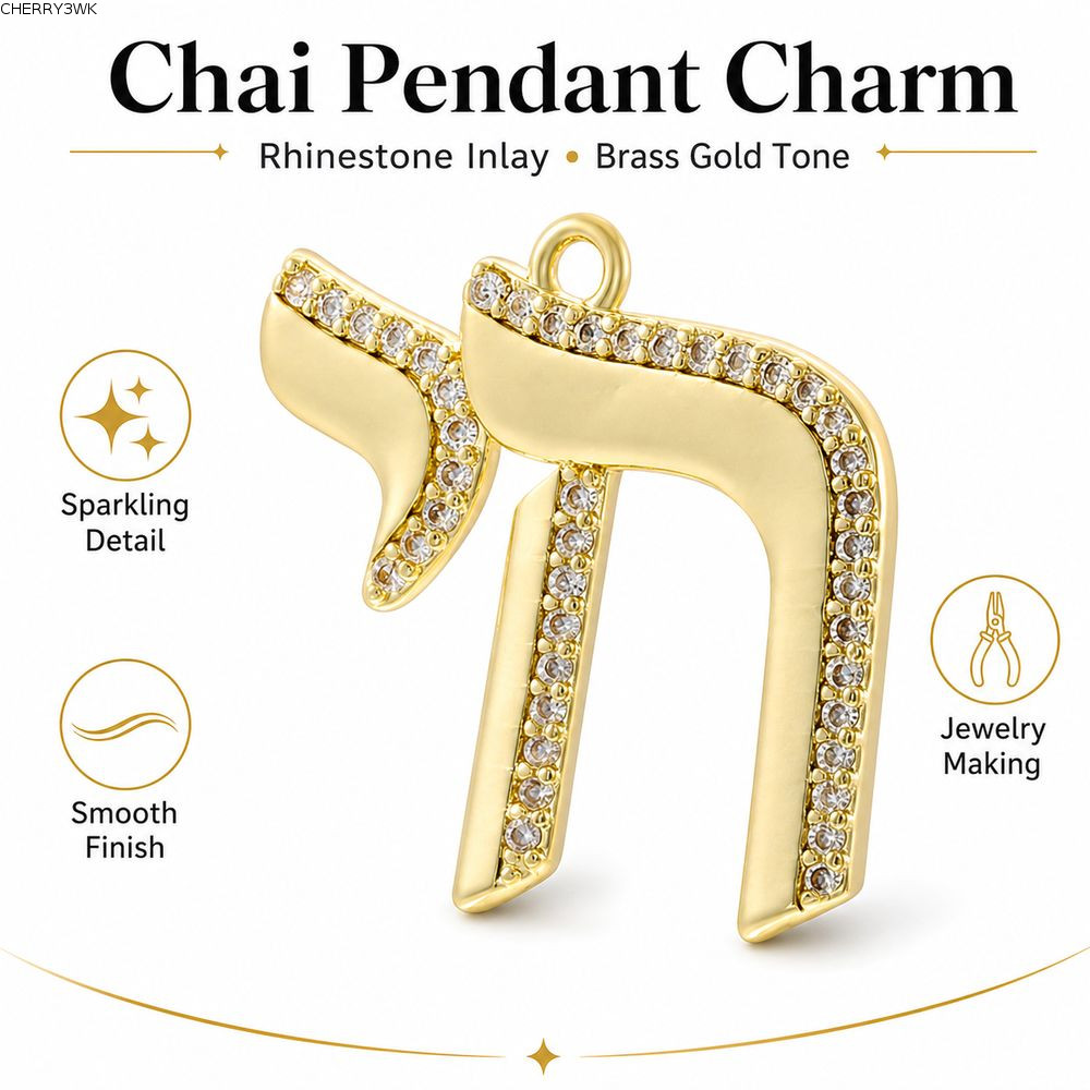 19VJKEPSHOP Hebrew จี้ตัวอักษร,ขัดเงา Gold Tone Chai จี้, ของขวัญทองเหลืองแขวนห่วง Rhinestone Inlay 