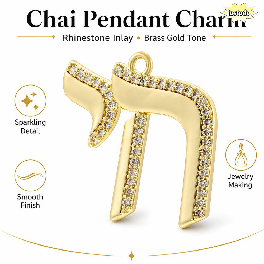 JUSTO Chai จี้, ทองเหลือง Gold Tone Hebrew จี้ตัวอักษร, Rhinestone Inlay Top แขวนห่วงขัด Hebrew Heri