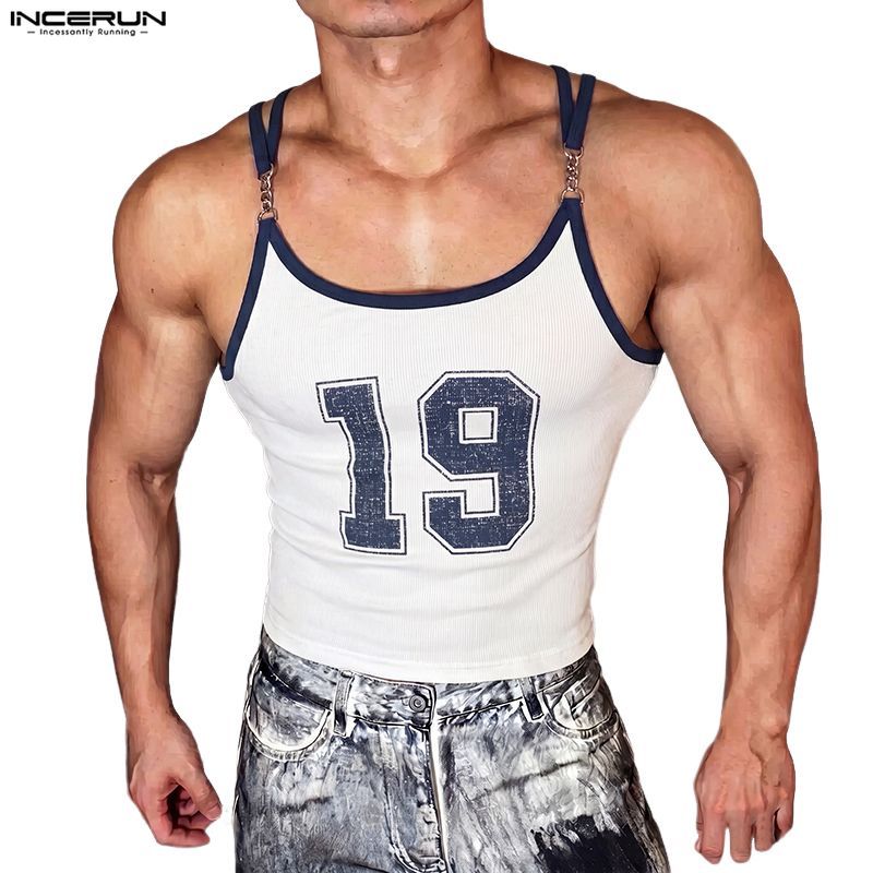 INCERUN ผู้ชายเกาหลีกีฬา Hip Hop ลูกเรือคอโซ่โลหะ Splicing หมายเลขพิมพ์ American Street Tanks
