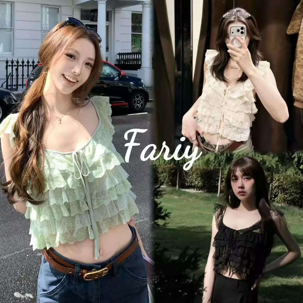 Fariy🍒คลังสินค้าพร้อม🍒 เสื้อเชิ้ตผู้หญิงทรงสี่เหลี่ยม ดีไซน์ปี 2026 น้ำหนักเบา ปักลายหนา ตกแต่งด้วยระบายหลายชั้น คอเสื้อทรงสี่เหลี่ยม ผูกเอว