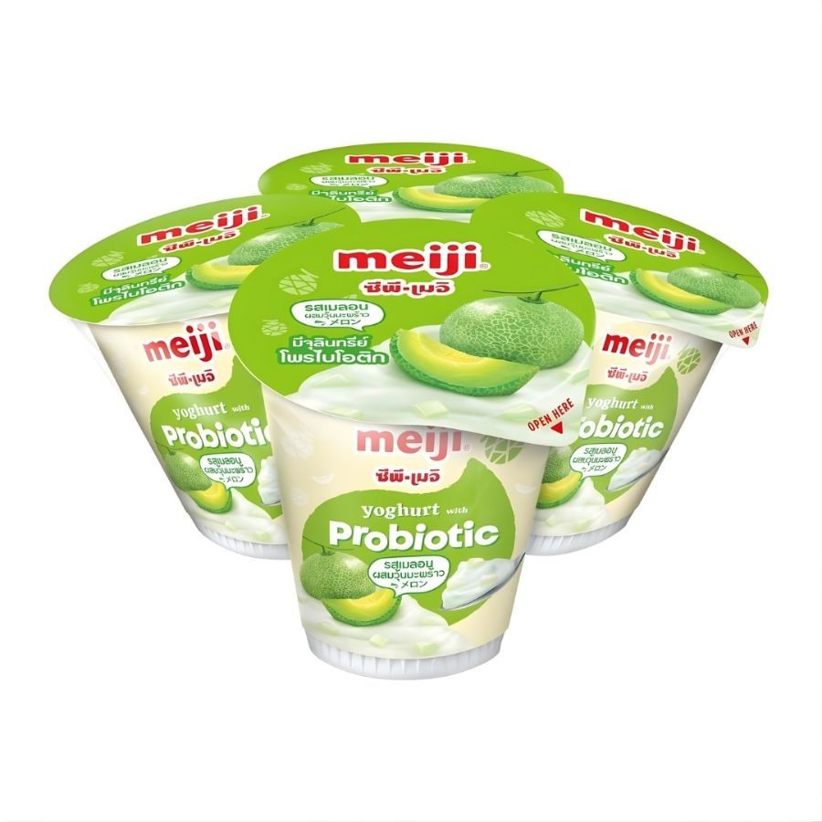 เมจิ โยเกิร์ตเมลอนผสมวุ้นมะพร้าว Meiji Melon with Nata De Coco 135g. Pack4