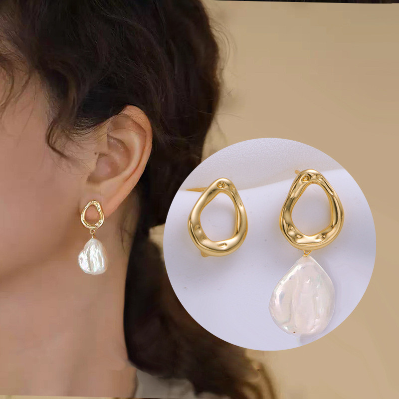 ทองแดงชุบ 18K Gold สี-Preserve Pearl Ear Stud อุปกรณ์เสริม High-End เรขาคณิตไม่สม่ําเสมอพร้อมแหวนต่างหูผู้ถือที่ว่างเปล่า DIY อุปกรณ์เสริม