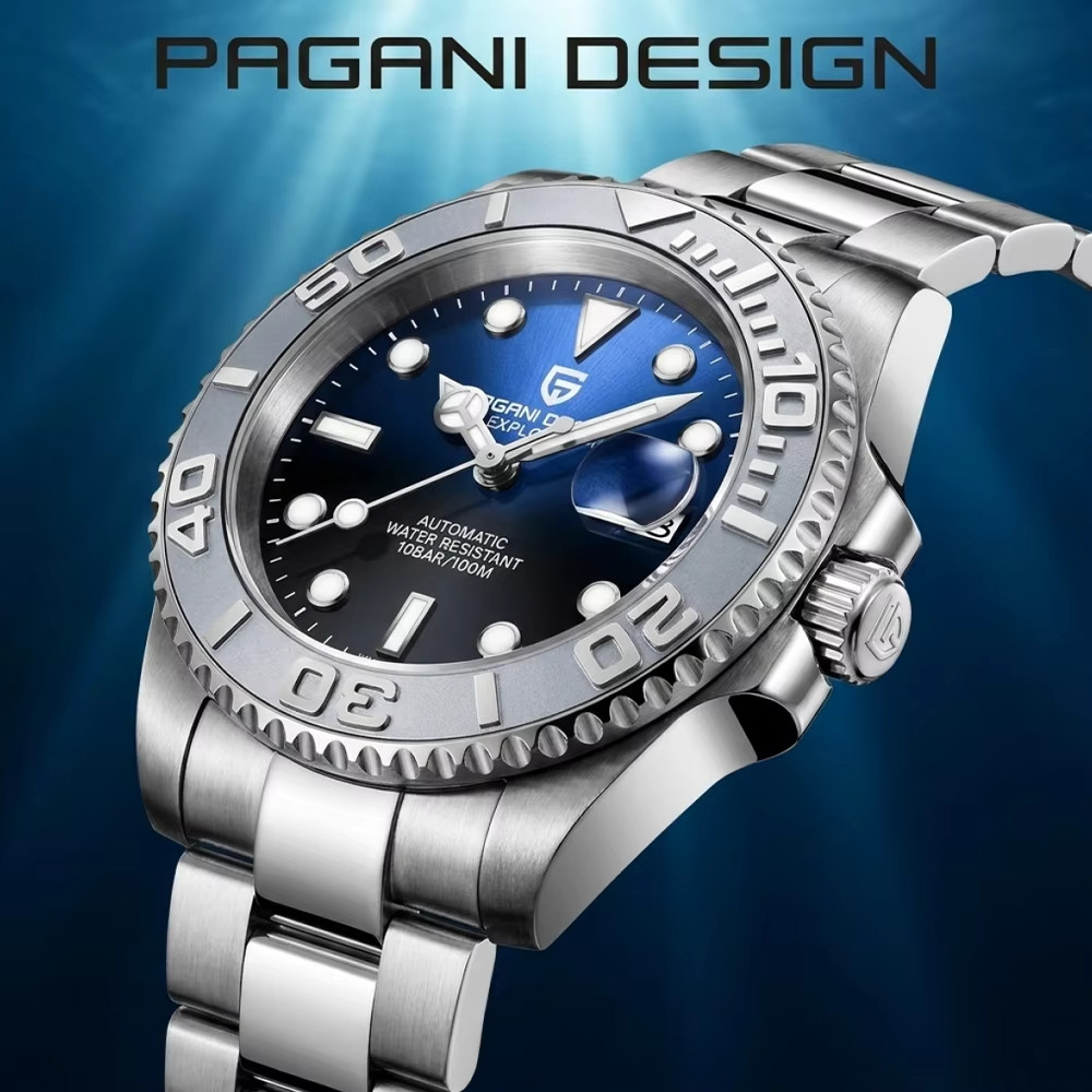PAGANI DESIGN Original Business Mens Automatic Diving Watch, Sapphire Glass, Stainless Steel, 100M W