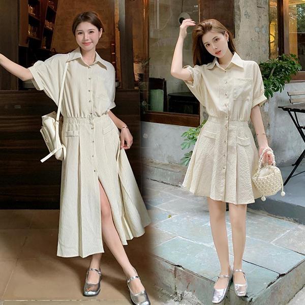 mimi&didi-เดรสทรงเข้ารูปยาวปานกลาง ลายทาง มีชุดเดรสทั้งแบบสั้นและแบบยาวให้เลือกค่ะ สินค้าพร้อมส่ง#99447/448