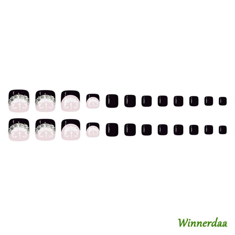 WIN แพ็ค 24 ดอกไม้สีดําประกายสแควร์เล็บปลอมสําหรับงานแต่งงาน Elegant