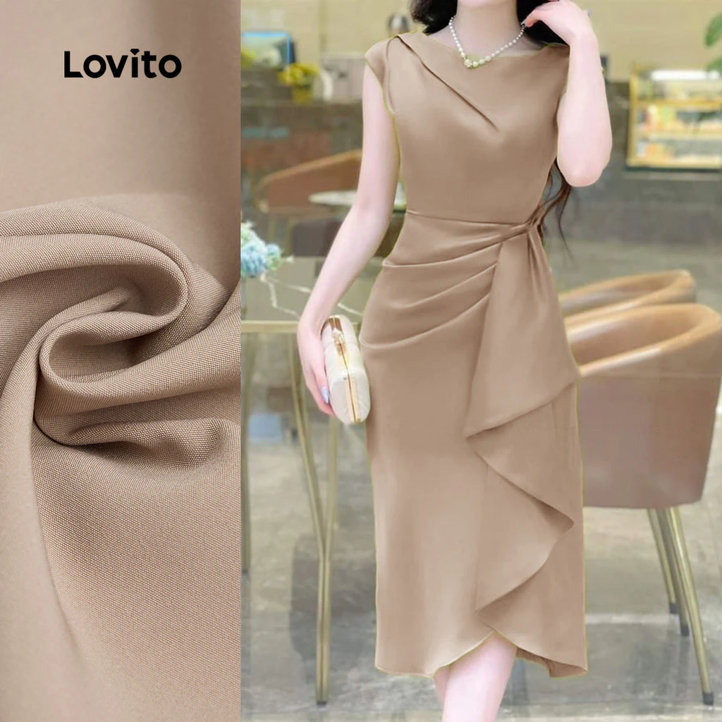 (สง่างาม) Lovito ชุดเดรสหรูหรารายละเอียดพลีตทรงเอแนวนอน สวมใส่สบาย ต้อนรับฤดูใบไม้ผลิ/ฤดูร้อน สีคากี้ L155ED1811