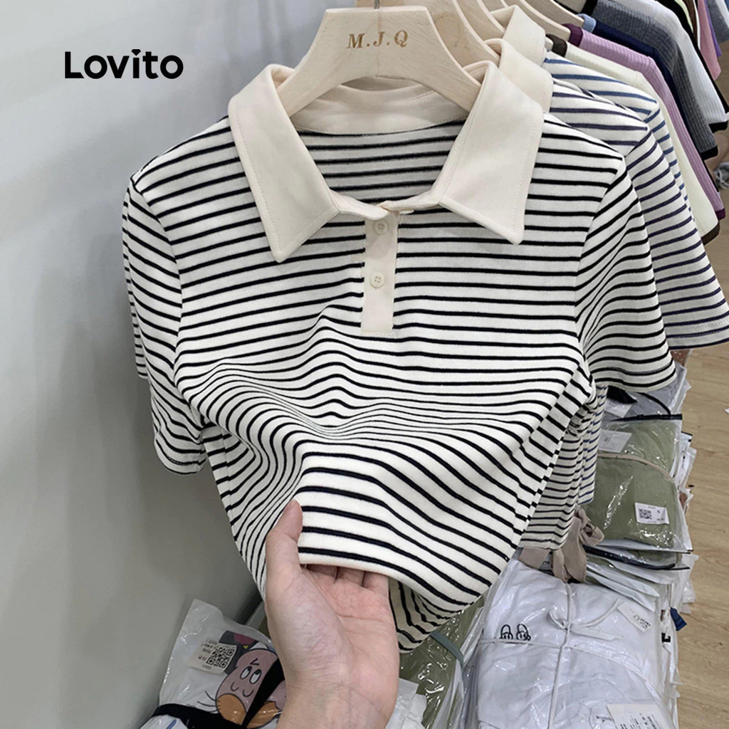 Lovito แคชชวล เสื้อยืดลําลองเสื้อยืด บล็อกสี ลายทาง สําหรับผู้หญิง LNE29048 (น้ําเงิน/ดํา)