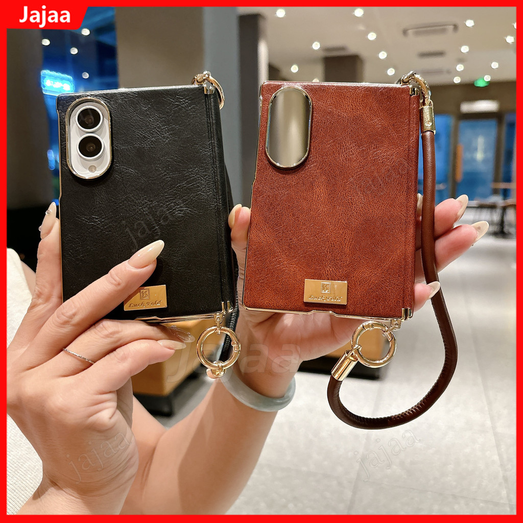 หรูหรา Crazy Horse พื้นผิวหนังเคสโทรศัพท์สําหรับ Samsung Galaxy Z พับ 8 กว้าง Fold8 กว้าง 5G บานพับป้องกันกันกระแทกพร้อมสายรัดข้อมือ Slim Cover