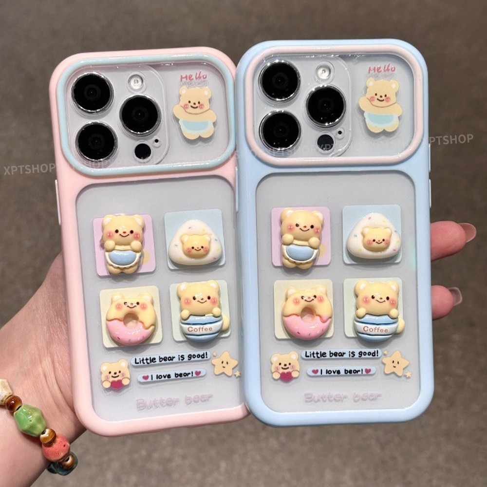 3D น่ารักหวานโดนัทหมี Bolor Blocking เคสโทรศัพท์สําหรับ iPhone 17 Pro Max 16 15 14 13 12 11 กันกระแทกป้องกันปลอก