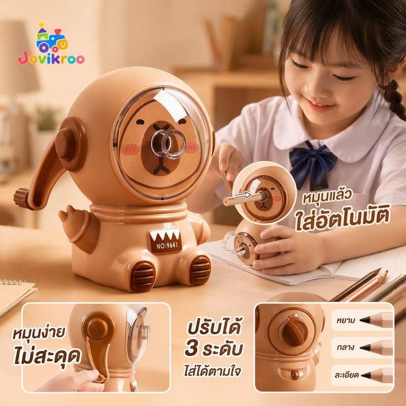เครื่องเหลาดินสอ คาปิบาระ การ์ตูนน่ารักมือหมุนอาหารอัตโนมัติ 3 ปลายเกียร์ความหนานักเรียน