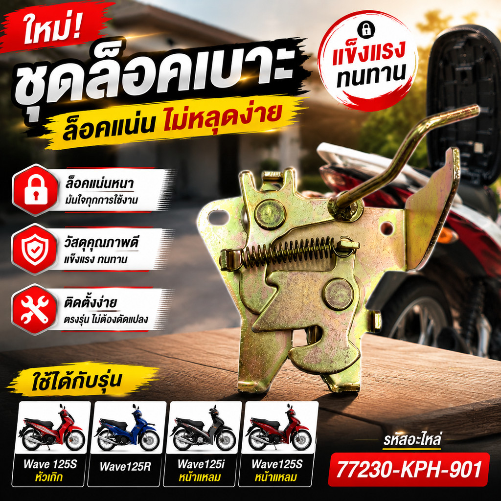 ชุดล็อคเบาะ HONDA Wave 125Sหัวเถิก, Wave125R, Wave125i หน้าแหลม, Wave125Sหน้าแหลม (77230-KPH-901)