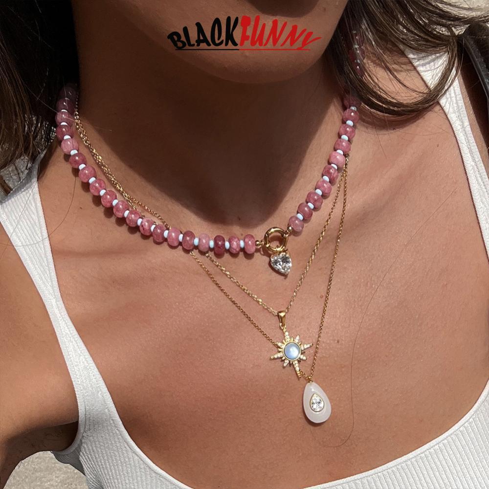 BLACKFUNNY Electroplated สแตนเลส Cubic Zirconia จี้ลูกปัด Choker หินธรรมชาติสีลูกปัด Clavicle สร้อยค
