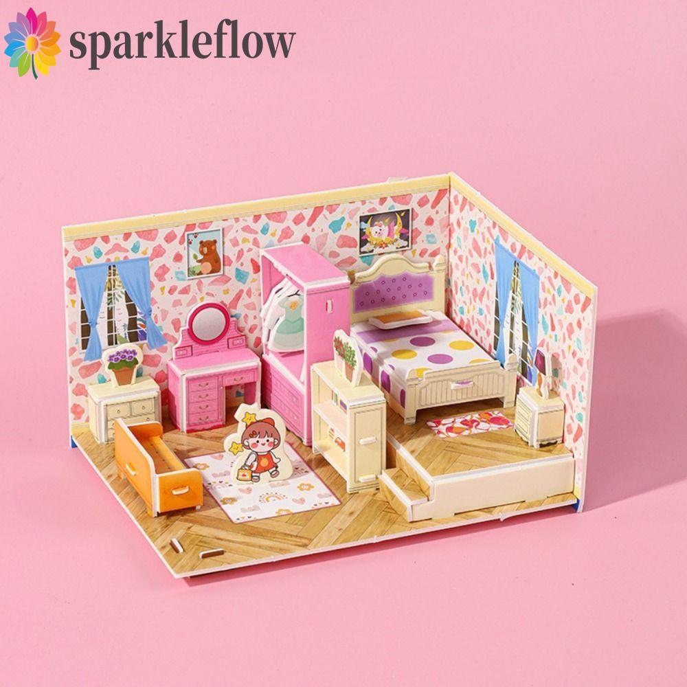 SPARKLEFLOW 3D Room Model Puzzle Toys, 3D Model Kitchen 3D Room Cardboard, Paper Craft Bedroom Livin