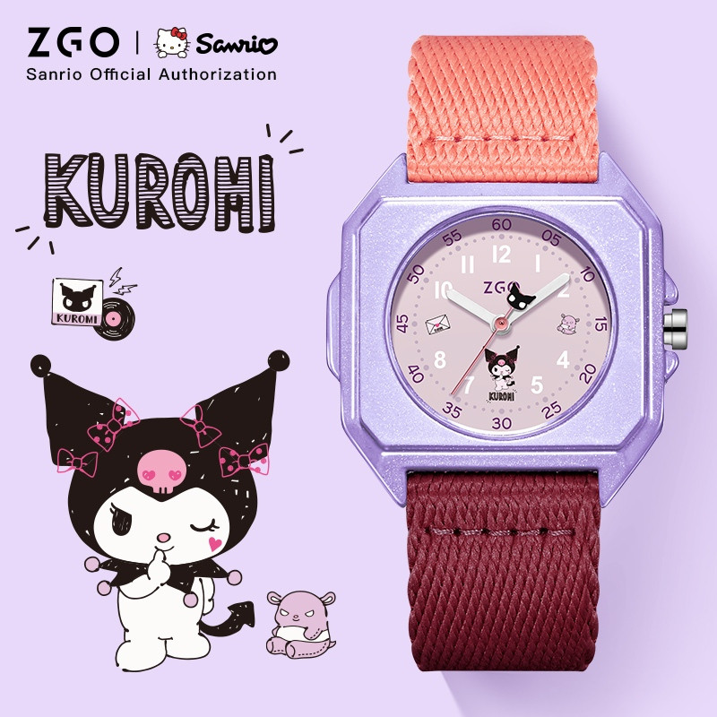 ZGO Sanrio Kuromi นาฬิกาควอตซ์เด็กผู้หญิง กันน้ำ30เมตร หน้าปัดสี่เหลี่ยม สายไนล่อน นาฬิกานักเรียน การ์ตูน พร้อมของขวัญ 2136