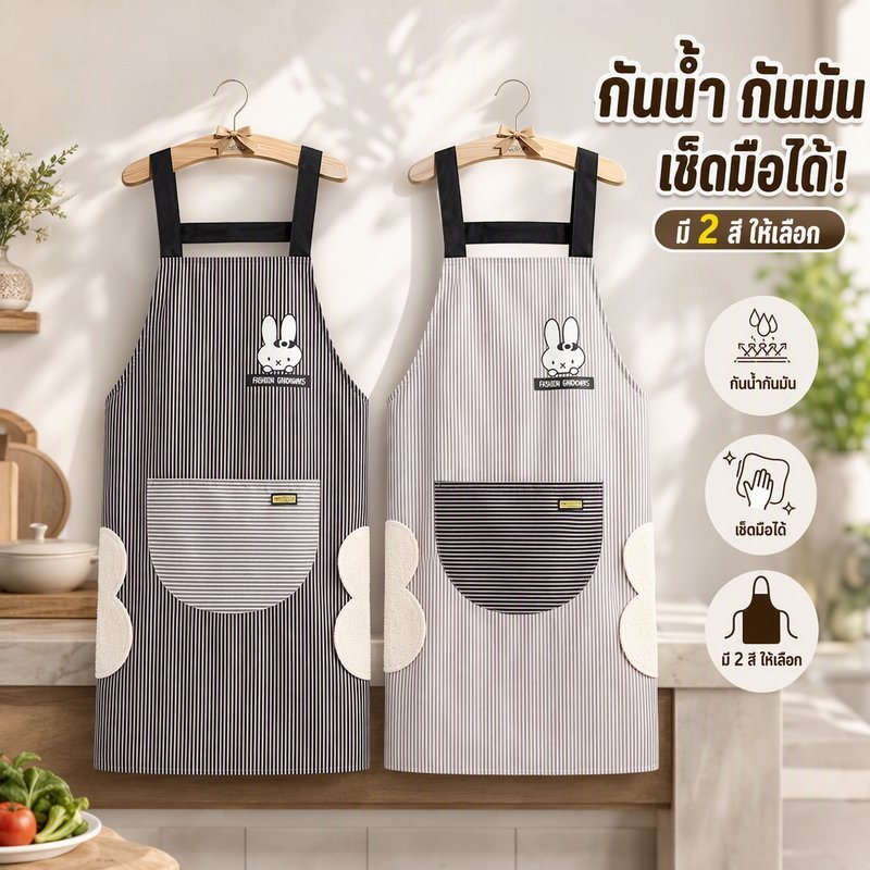 ผ้ากันเปื้อนในครัว กันน้ำ กันน้ำมัน พร้อมผ้าเช็ดมือ สายคล้อง H ปรับได้ มีกระเป๋า ลายกระต่าย