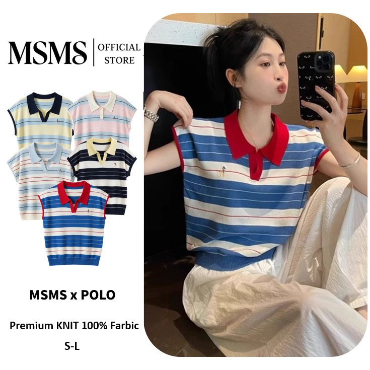 Stripe Knit Polo Top เสื้อโปโลถักไร้แขน ลายริ้นสีตัดกัน ปักลายโลโก้เล็ก ทรงครอปเข้ารูป สไตล์ลำลอง มี5สี S‑L