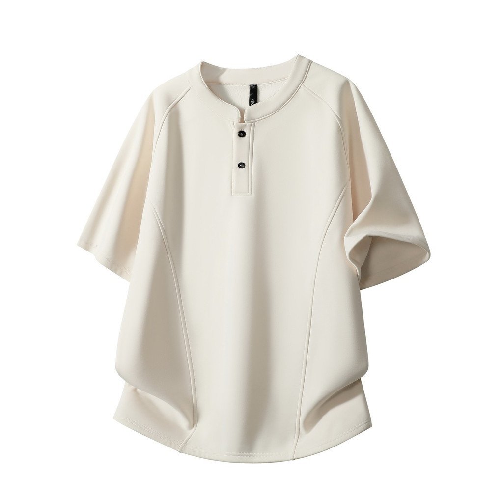 เสื้อยืดแขนสั้นคอปก Henley สําหรับผู้ชาย 180-250g สีทึบหลวม Raglan แขน 3D Cut Street สไตล์ Casual To