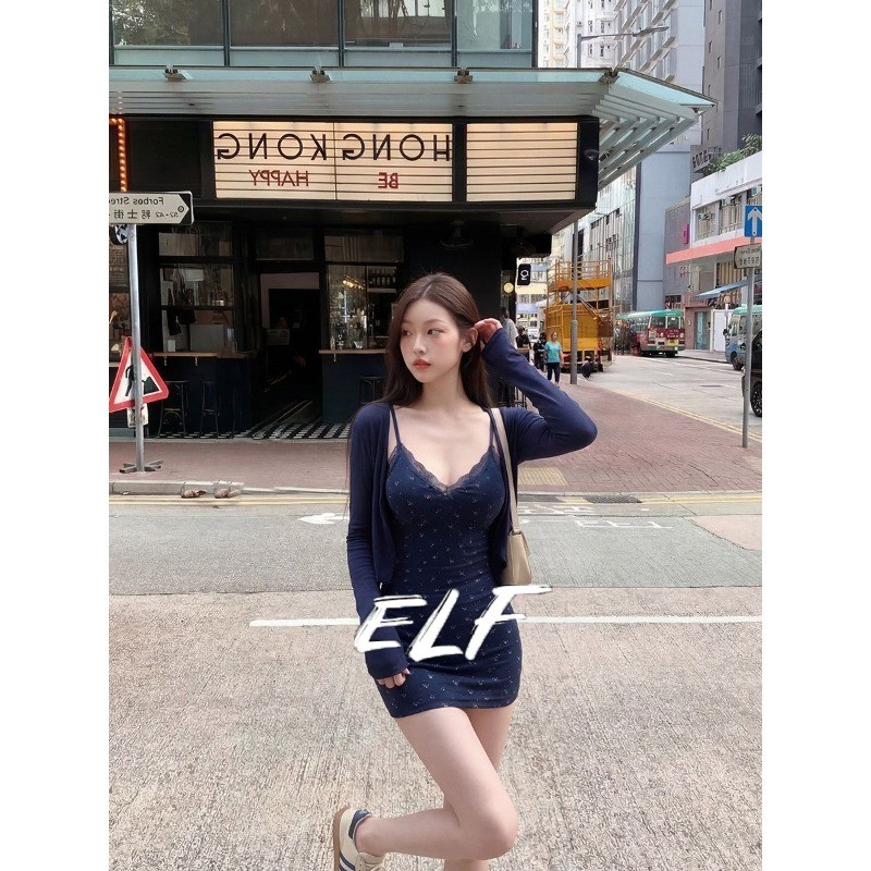 เดรสสายเดี่ยวผ้าต่อเย็บปะติดปะต่อกันลูกไม้ลายดอกไม้พร้อมเสื้อคาร์ดิแกนแขนยาวชุดสองชิ้น