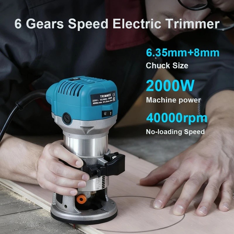 AQ7P 220V ไม้ Router ไม้ Trimmer เครื่อง 6 ความเร็วปรับไฟฟ้ามือ Trimmer ช่างไม้ DIY เครื่องมือ 2000W