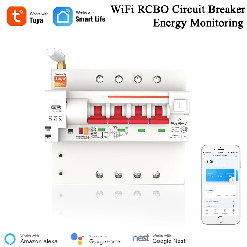 3E7E Tuya Smart Life APP RCBO Circuit Breaker พร้อมการตรวจสอบพลังงาน 4P WiFi RCBO MCB การรั่วไหลกระแ