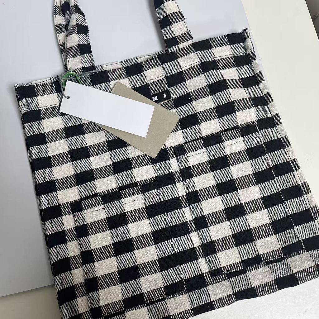 Marni Double Pocket Canvas bag Casual Shopping bag tote bag tote กระเป๋าสะพายไหล่