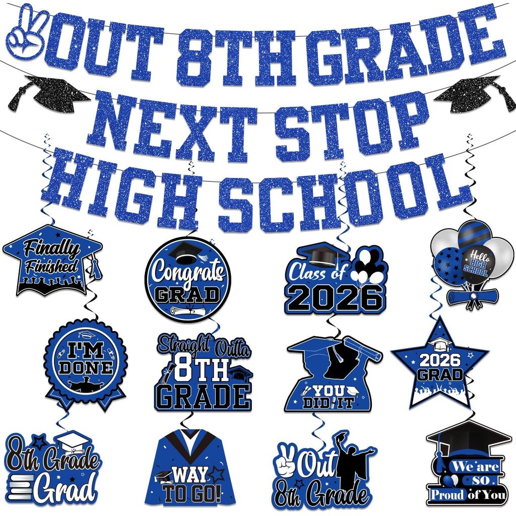 Out 8th Grade Next Stop High School Banner Swirls, NO-DIY 8th Grade Graduation Decoration ตกแต่ง 202