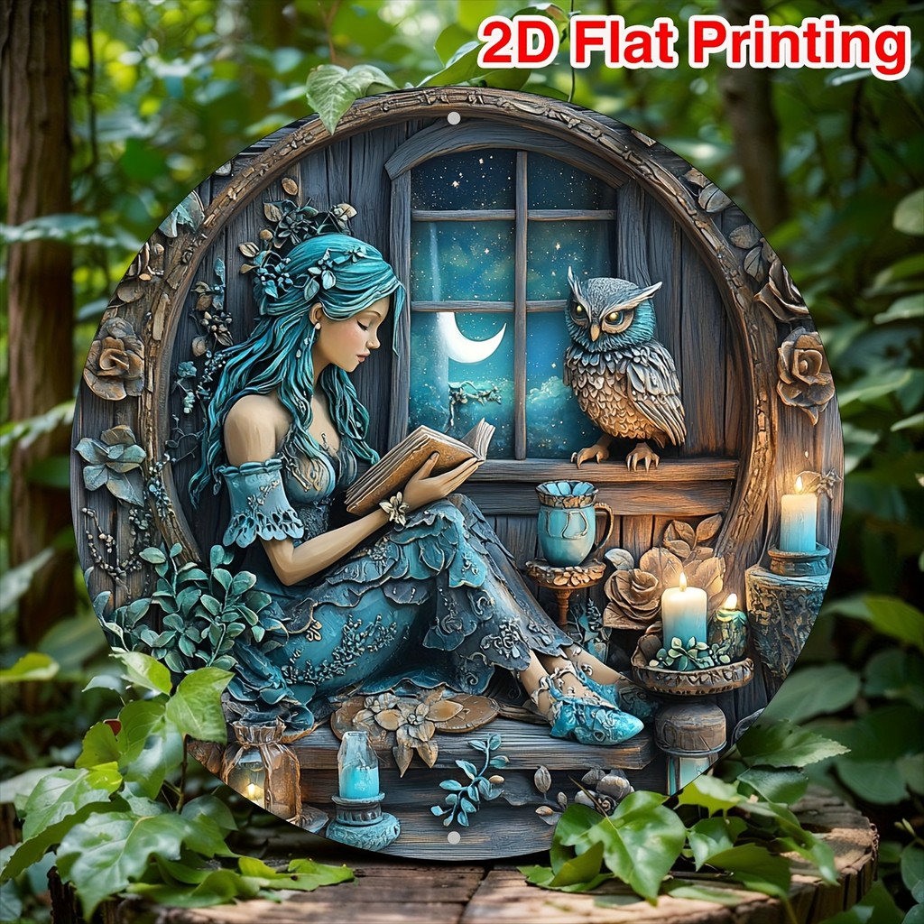 HELLOYOUNG 8x8 นิ้ว 2D Venus Owl Wall Art Blue Starry Night พิมพ์โลหะป้ายดีบุกสําหรับห้องนั่งเล่นห้อ