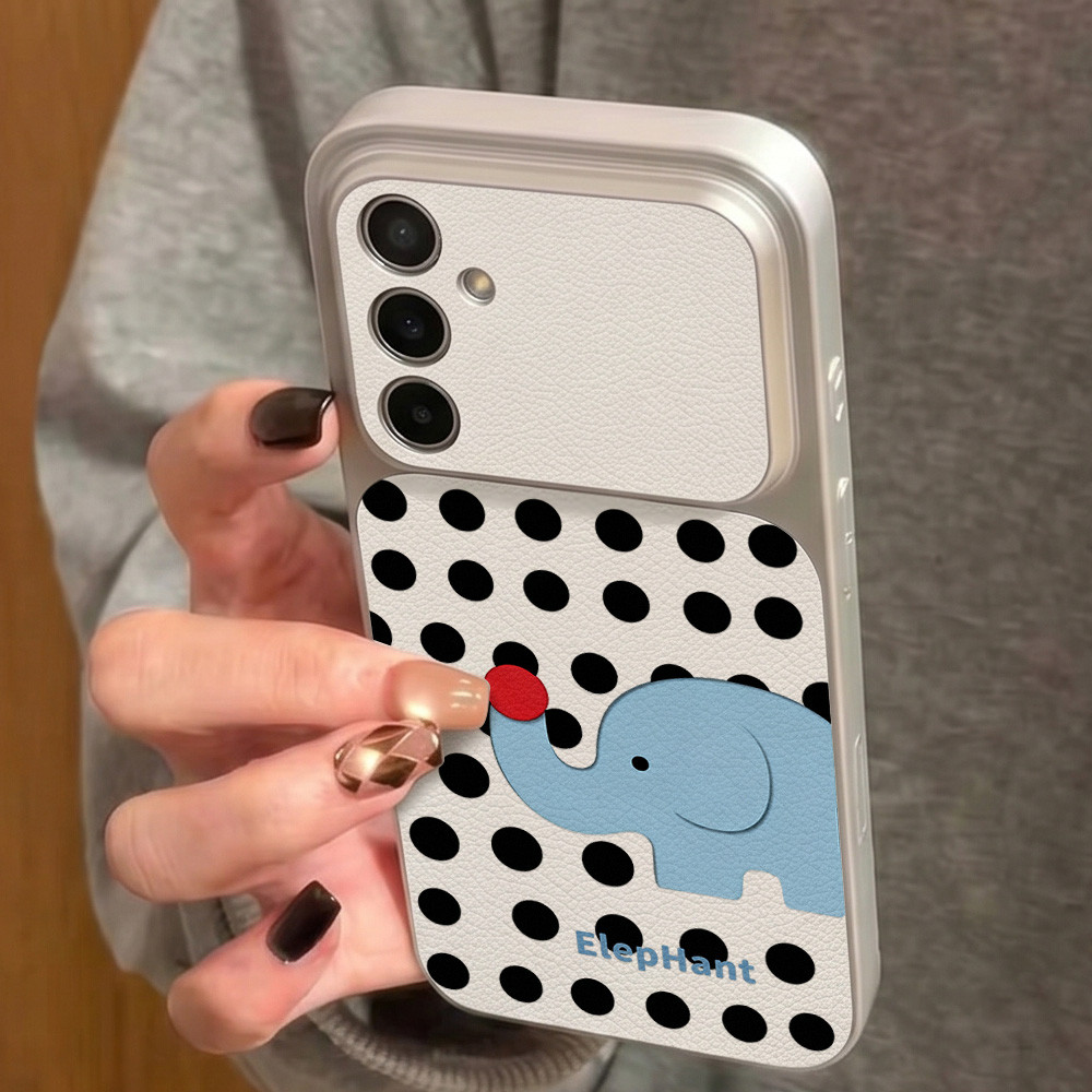 INS เคสไอโฟน For Samsung A07 A17 A56 A55 A54 A36 A37 A57 A16 S24 S25 Ultra S25 FE ลายช้างการ์ตูน หรูหรา วัสดุหนังแกะผสม