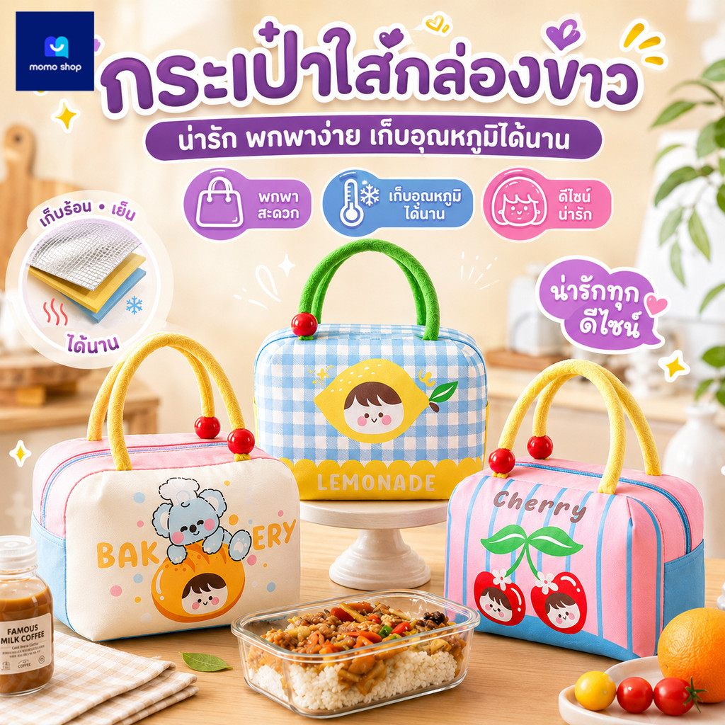 กระเป๋าใส่กล่องข้าว เก็บร้อน/เย็น ลายการ์ตูนน่ารัก บุฟอยล์อลูมิเนียมหนา ซิปเปิดกว้าง พกพาง่าย 21x16x16ซม.