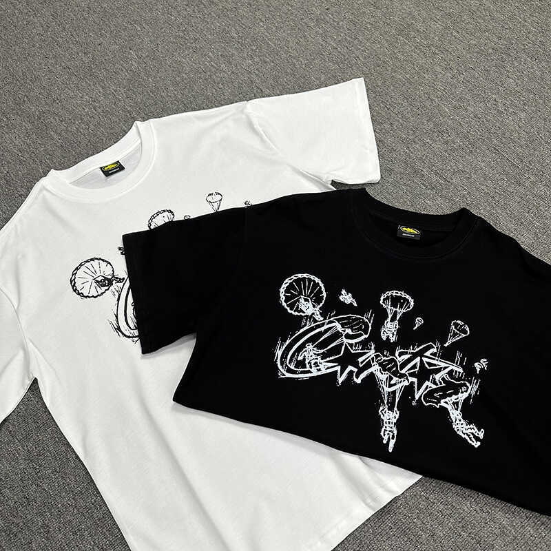 VLONE FOG VLONE FOG Corteiz พิมพ์ผ้าฝ้ายแขนสั้นเสื้อยืดความรู้สึกธรรมชาติชายร่มชูชีพอเมริกันหลวมเสื้