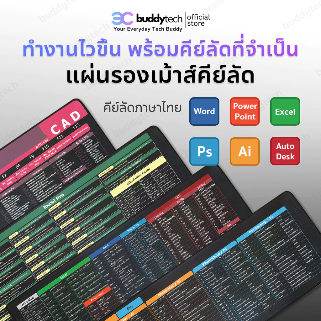 Buddytech 🔥แผ่นรองเมาส์คีย์ลัดภาษาไทย ขนาดใหญ่ ของขวัญ แผ่นรองคีย์บอร์ด อุปกรณ์สำนักงาน Mouse Pad Shortcut Keys